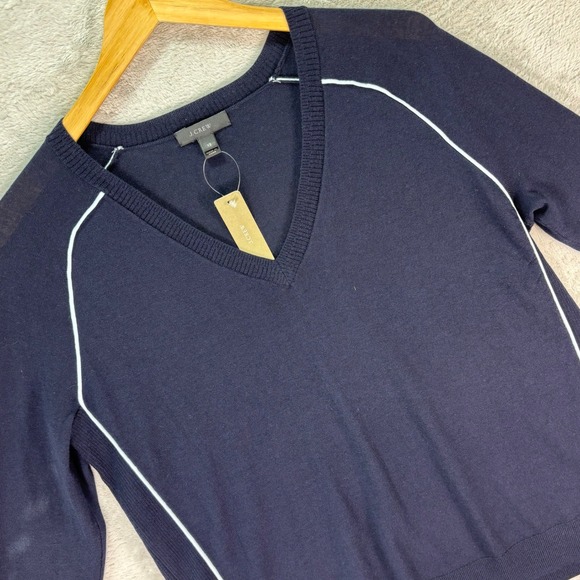J. Crew Factory Sweaters - J.Crew‎ Women's Merino Wool Navy V-Neck Sweater White Trim Sz XS Athletic Style